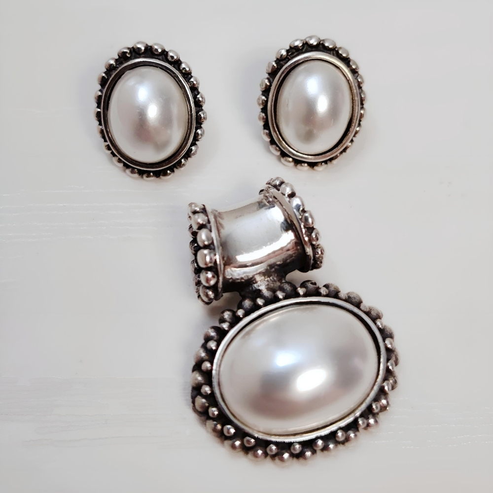 Vintage Sterling Silver SET Faux Pearl Slider Pendant and Post back Earrings